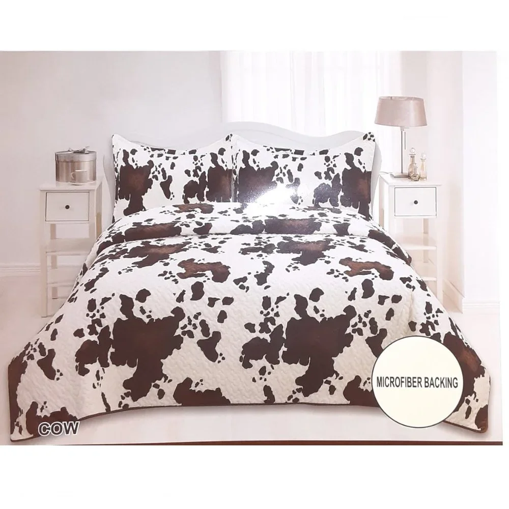 Country Western Design - Cow Print - 3 Piece Quilted Bedspread Set